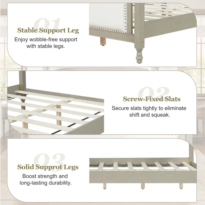 Christopher Knight Home Ronie Linen Queen Size Bed Frame with Headboard, Mid-Century Modern Queen Bed Frame and Headboard, Wooden Slat Support, No Box Spring Needed, Gray+Beige 