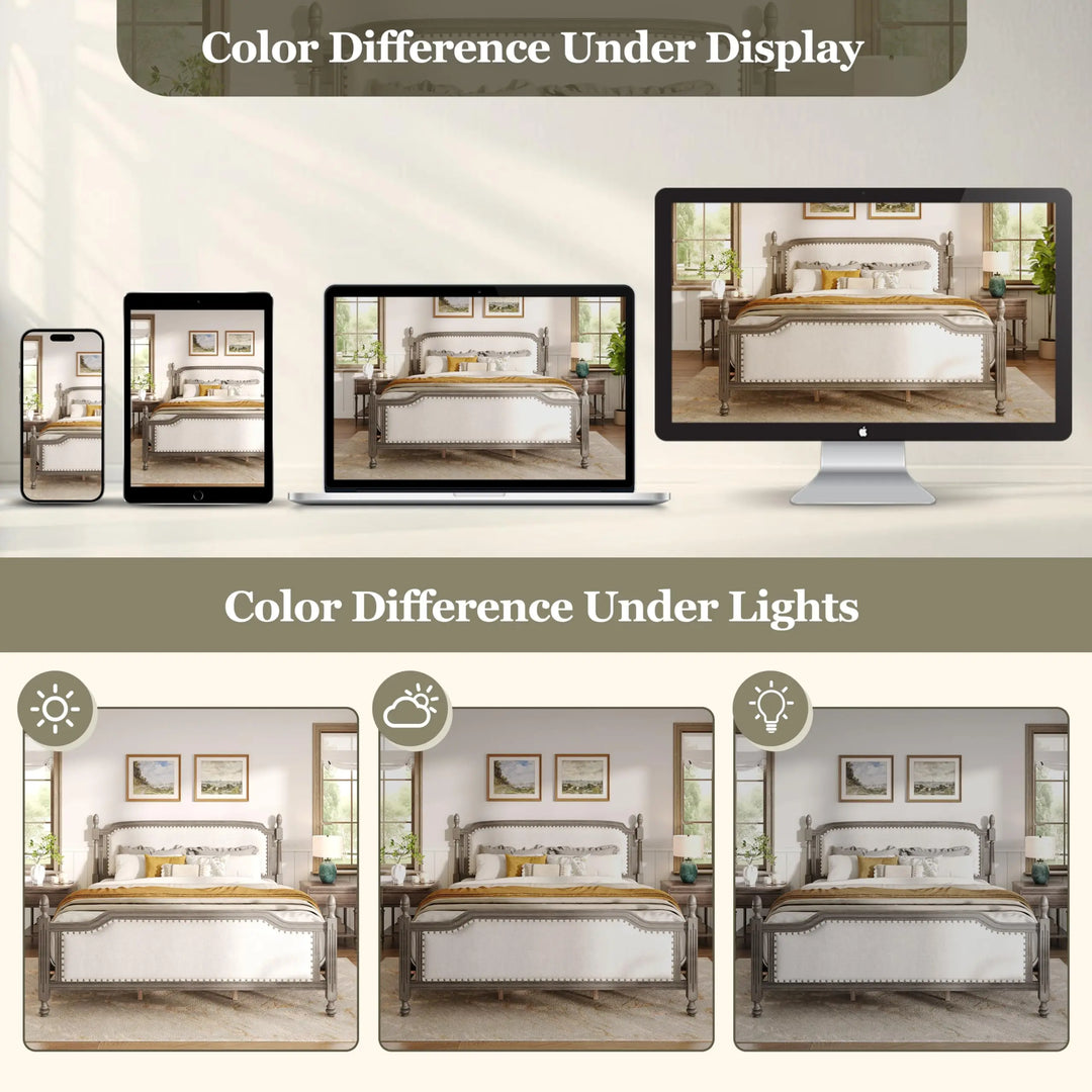Christopher Knight Home Ronie Linen Queen Size Bed Frame with Headboard, Mid-Century Modern Queen Bed Frame and Headboard, Wooden Slat Support, No Box Spring Needed, Gray+Beige 