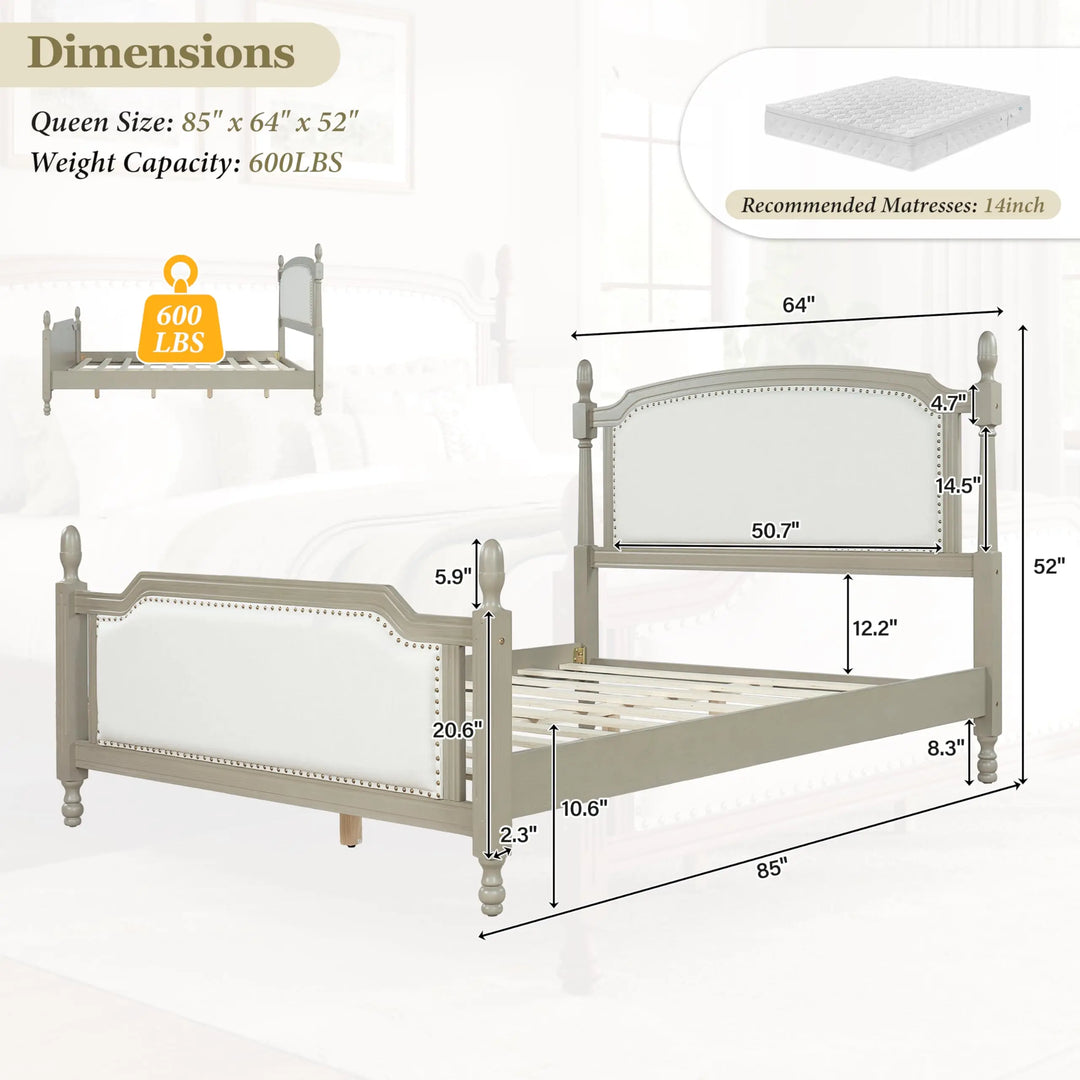 Christopher Knight Home Ronie Linen Queen Size Bed Frame with Headboard, Mid-Century Modern Queen Bed Frame and Headboard, Wooden Slat Support, No Box Spring Needed, Gray+Beige 