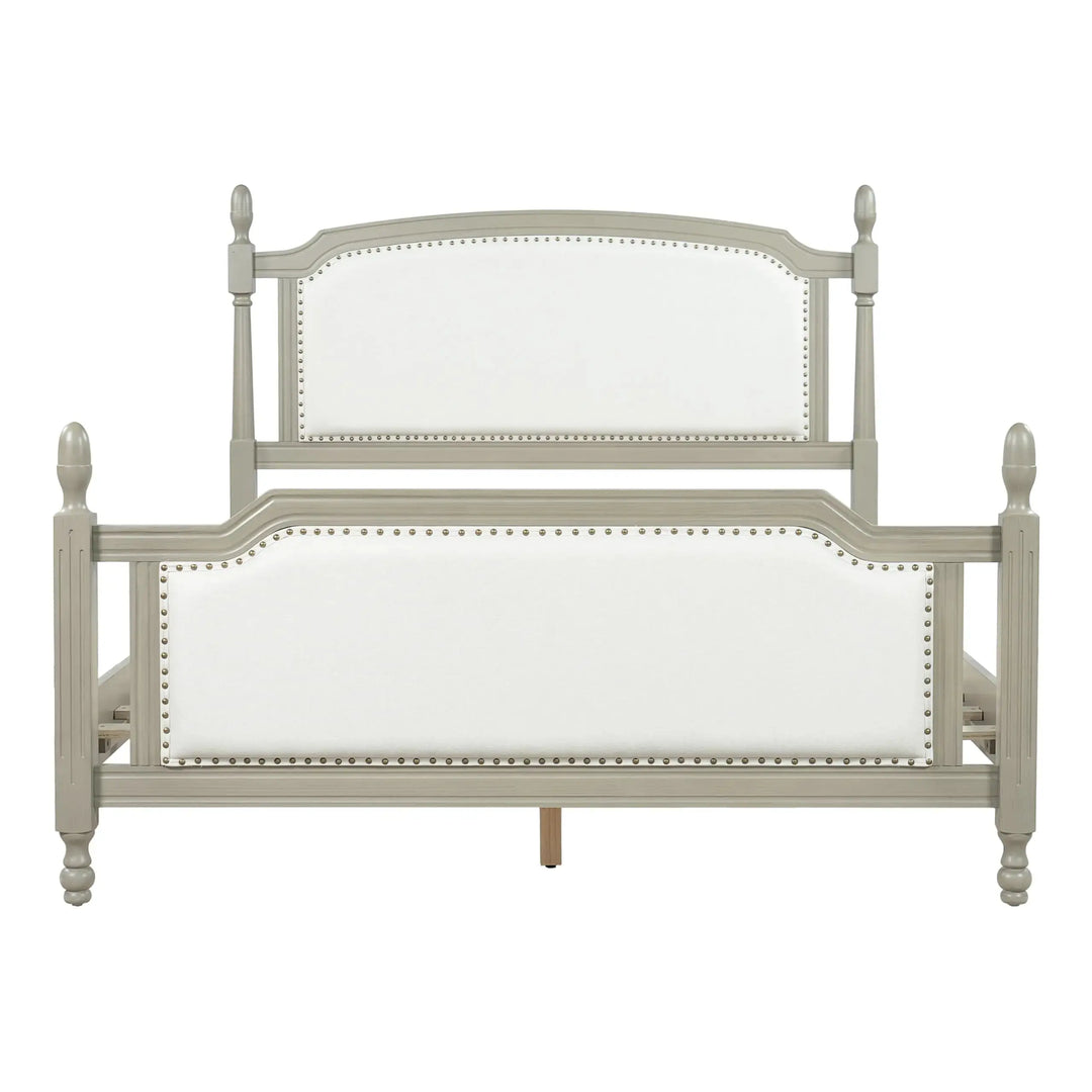 Christopher Knight Home Ronie Linen Queen Size Bed Frame with Headboard, Mid-Century Modern Queen Bed Frame and Headboard, Wooden Slat Support, No Box Spring Needed, Gray+Beige 