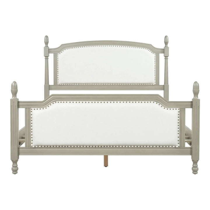 Christopher Knight Home Ronie Linen Queen Size Bed Frame with Headboard, Mid-Century Modern Queen Bed Frame and Headboard, Wooden Slat Support, No Box Spring Needed, Gray+Beige 