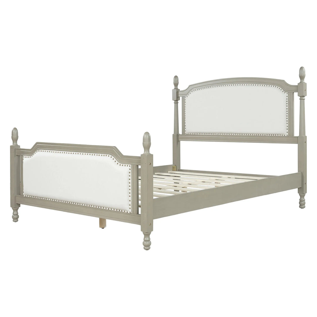Christopher Knight Home Ronie Linen Queen Size Bed Frame with Headboard, Mid-Century Modern Queen Bed Frame and Headboard, Wooden Slat Support, No Box Spring Needed, Gray+Beige 