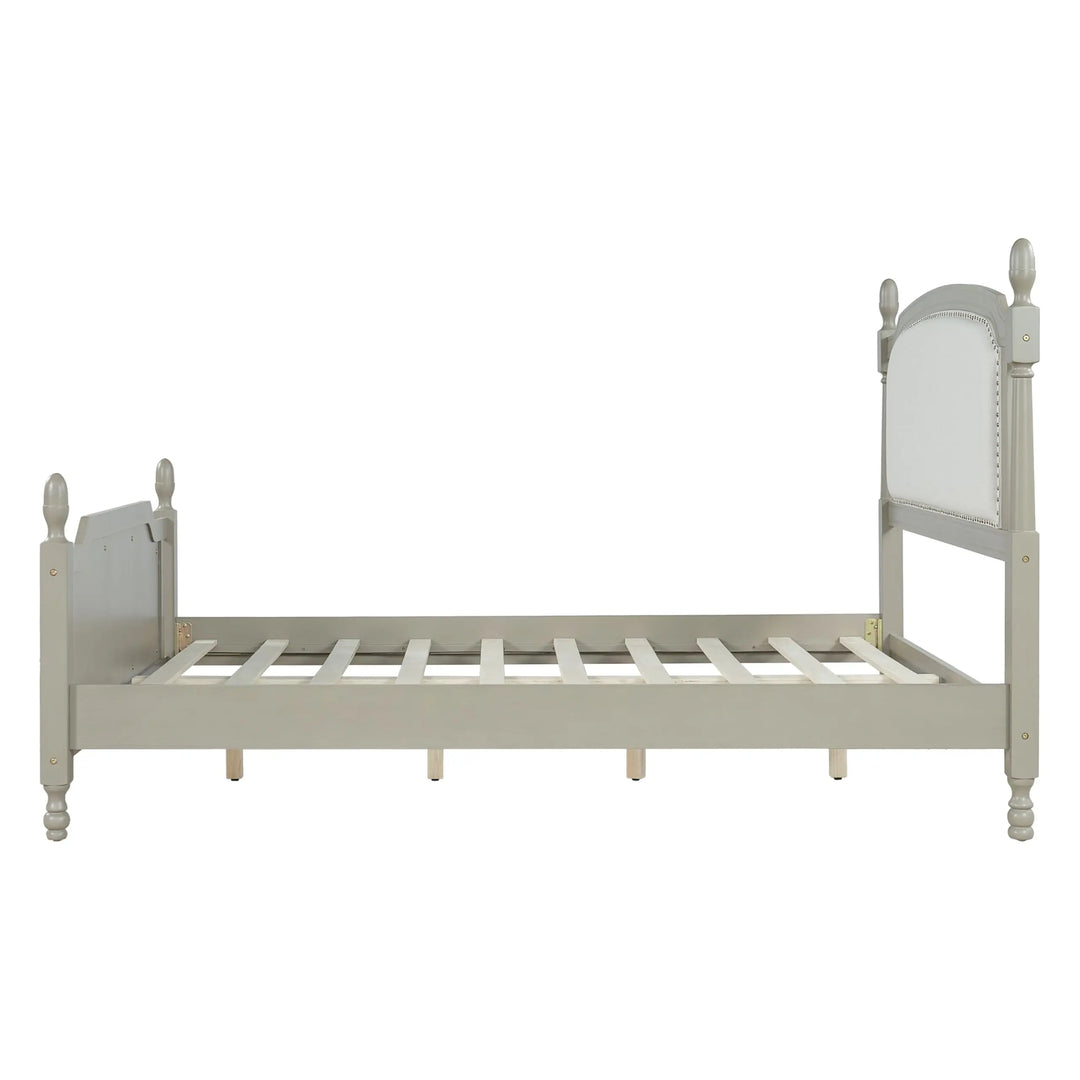 Christopher Knight Home Ronie Linen Queen Size Bed Frame with Headboard, Mid-Century Modern Queen Bed Frame and Headboard, Wooden Slat Support, No Box Spring Needed, Gray+Beige 