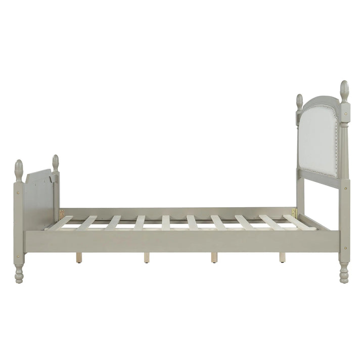 Christopher Knight Home Ronie Linen Queen Size Bed Frame with Headboard, Mid-Century Modern Queen Bed Frame and Headboard, Wooden Slat Support, No Box Spring Needed, Gray+Beige 