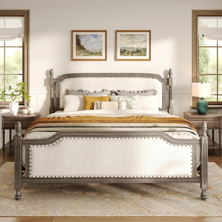 Christopher Knight Home Ronie Linen Queen Size Bed Frame with Headboard, Mid-Century Modern Queen Bed Frame and Headboard, Wooden Slat Support, No Box Spring Needed, Gray+Beige 