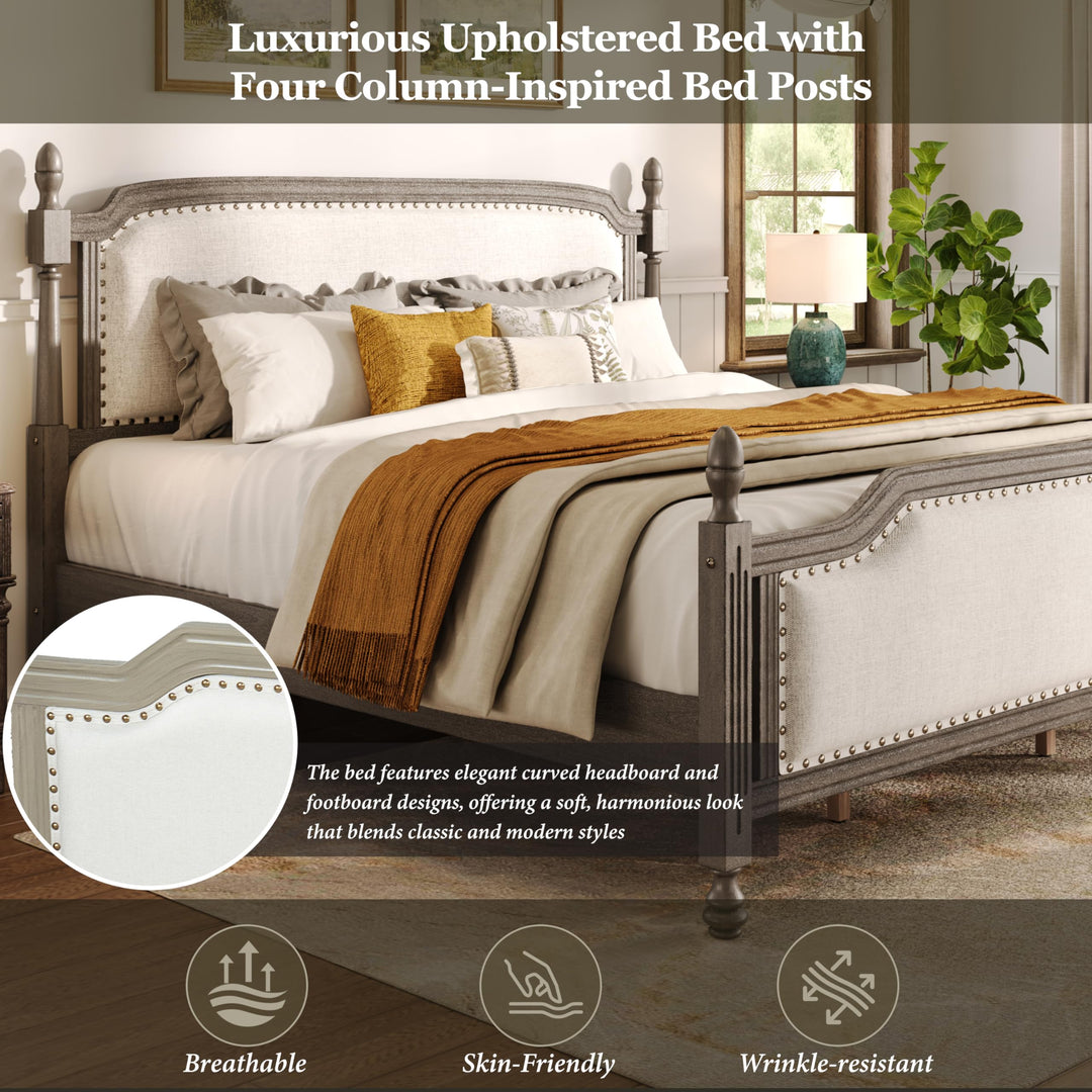 Christopher Knight Home Ronie Linen Queen Size Bed Frame with Headboard, Mid-Century Modern Queen Bed Frame and Headboard, Wooden Slat Support, No Box Spring Needed, Gray+Beige 