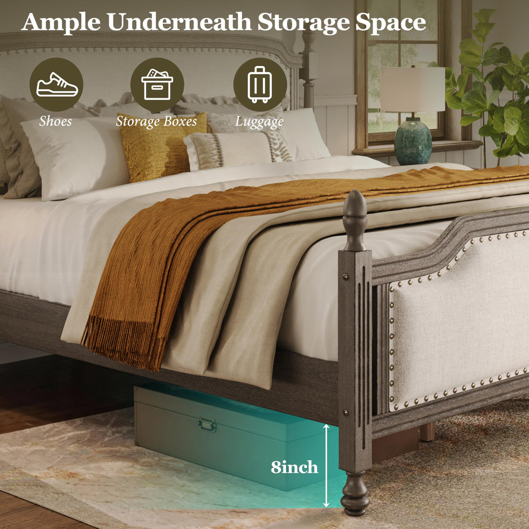 Christopher Knight Home Ronie Linen Queen Size Bed Frame with Headboard, Mid-Century Modern Queen Bed Frame and Headboard, Wooden Slat Support, No Box Spring Needed, Gray+Beige 