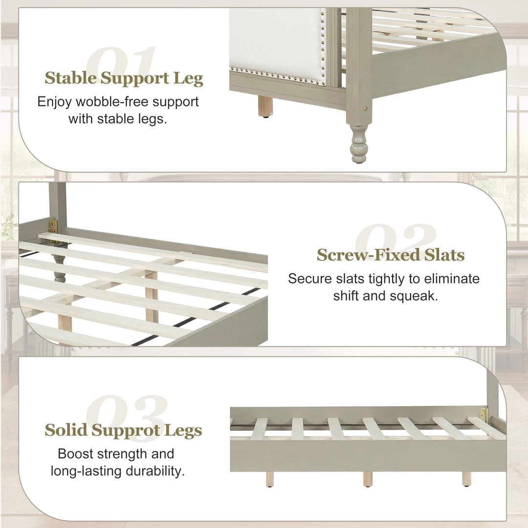 Christopher Knight Home Ronie Linen Queen Size Bed Frame with Headboard, Mid-Century Modern Queen Bed Frame and Headboard, Wooden Slat Support, No Box Spring Needed, Gray+Beige 