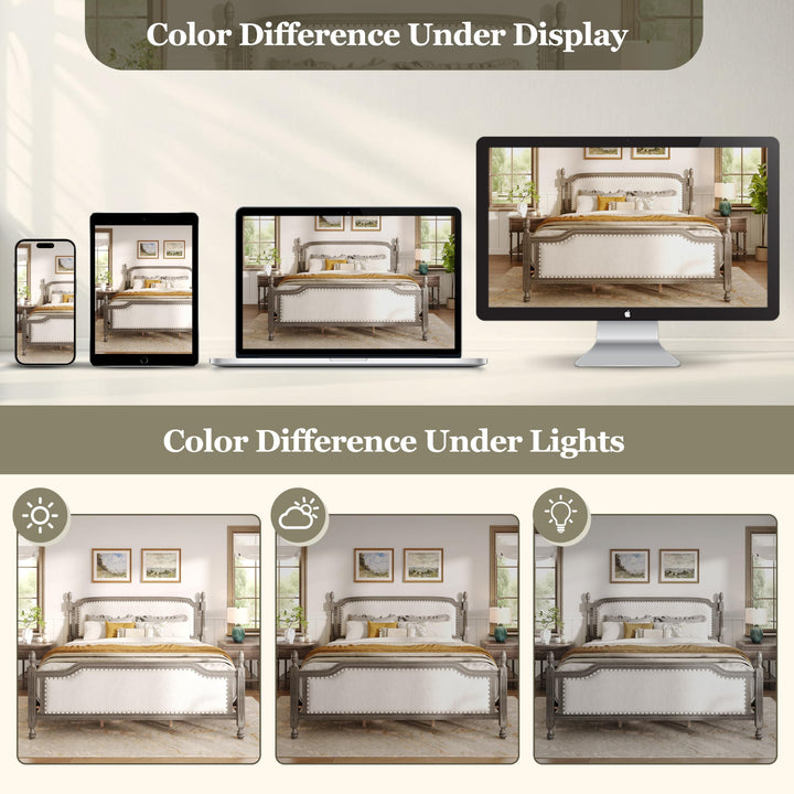 Christopher Knight Home Ronie Linen Queen Size Bed Frame with Headboard, Mid-Century Modern Queen Bed Frame and Headboard, Wooden Slat Support, No Box Spring Needed, Gray+Beige 