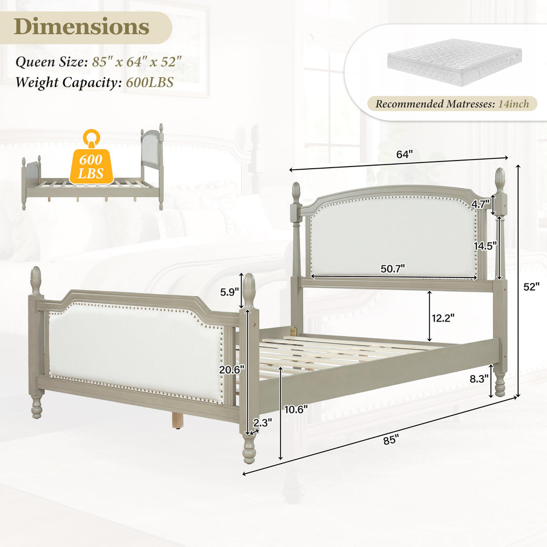 Christopher Knight Home Ronie Linen Queen Size Bed Frame with Headboard, Mid-Century Modern Queen Bed Frame and Headboard, Wooden Slat Support, No Box Spring Needed, Gray+Beige 