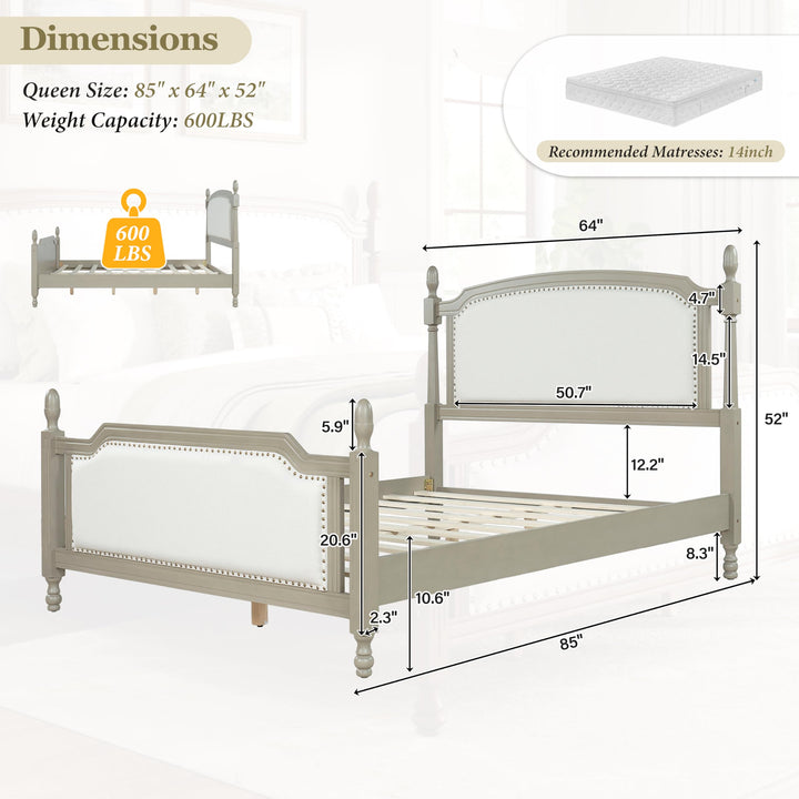 Christopher Knight Home Ronie Linen Queen Size Bed Frame with Headboard, Mid-Century Modern Queen Bed Frame and Headboard, Wooden Slat Support, No Box Spring Needed, Gray+Beige 