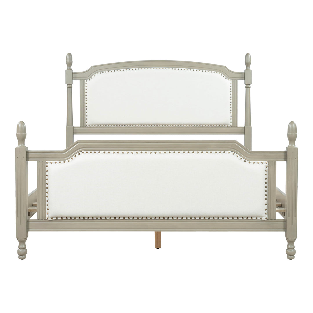 Christopher Knight Home Ronie Linen Queen Size Bed Frame with Headboard, Mid-Century Modern Queen Bed Frame and Headboard, Wooden Slat Support, No Box Spring Needed, Gray+Beige 