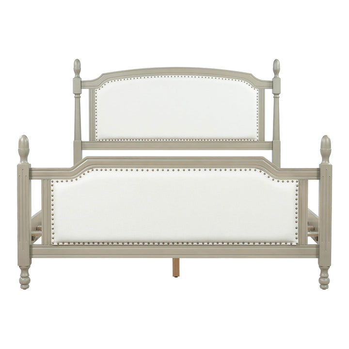 Christopher Knight Home Ronie Linen Queen Size Bed Frame with Headboard, Mid-Century Modern Queen Bed Frame and Headboard, Wooden Slat Support, No Box Spring Needed, Gray+Beige 