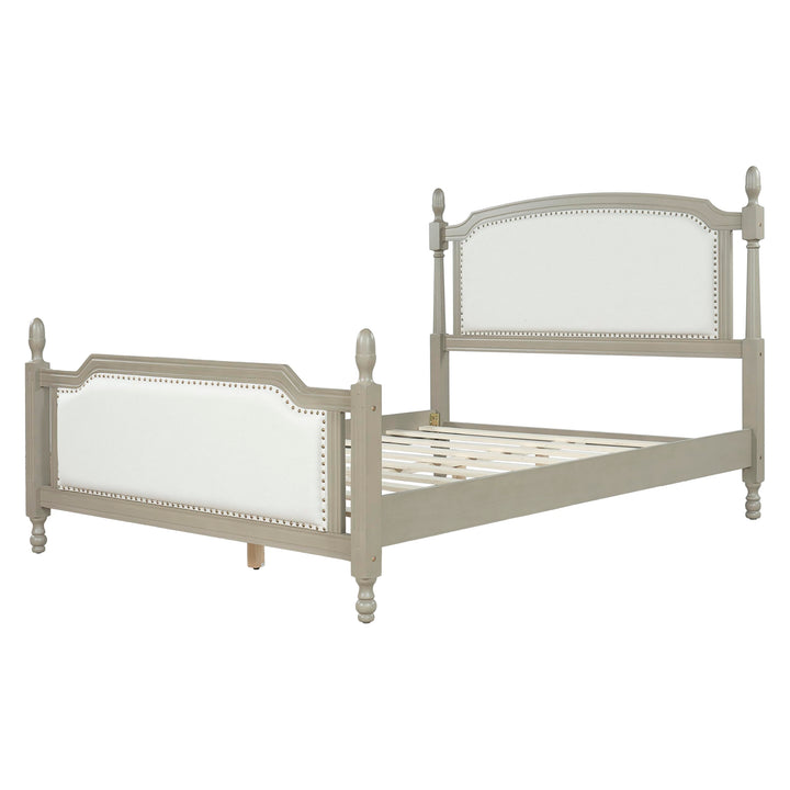 Christopher Knight Home Ronie Linen Queen Size Bed Frame with Headboard, Mid-Century Modern Queen Bed Frame and Headboard, Wooden Slat Support, No Box Spring Needed, Gray+Beige 