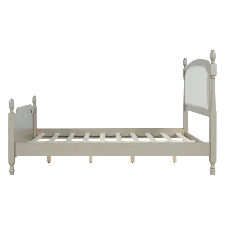 Christopher Knight Home Ronie Linen Queen Size Bed Frame with Headboard, Mid-Century Modern Queen Bed Frame and Headboard, Wooden Slat Support, No Box Spring Needed, Gray+Beige 