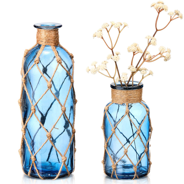 Chuangdi Set of 2 Coastal Glass Flower Vase with Boho Rope, Navy Blue 