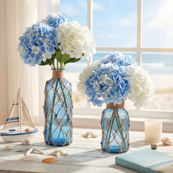 Chuangdi Set of 2 Coastal Glass Flower Vase with Boho Rope, Navy Blue 