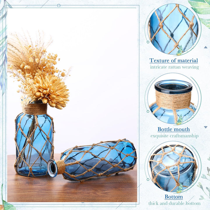 Chuangdi Set of 2 Coastal Glass Flower Vase with Boho Rope, Navy Blue 