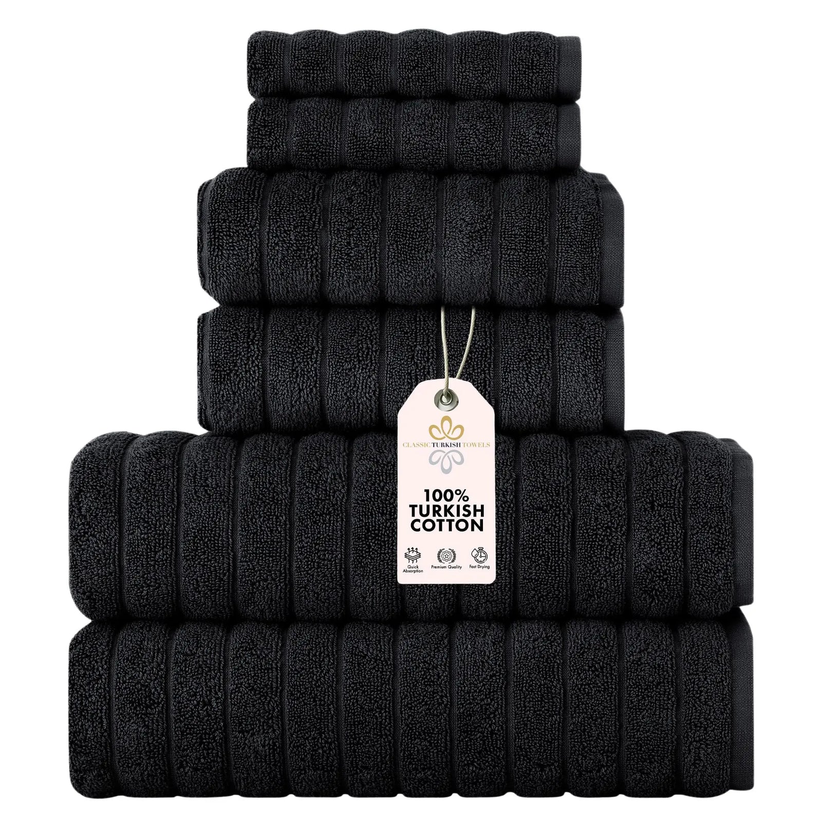 Classic Turkish Towels CTT Luxury 6 Piece Towel Set, 100% Turkish Cotton, Quick Drying, Highly Absorbent & Comfy, Includes 2 Bath Towels, 2 Hand Towels & 2 Washcloths | (Black) 