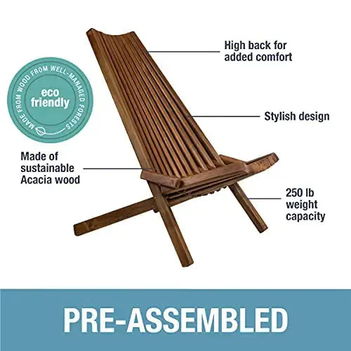CleverMade Tamarack Folding Wooden Outdoor Chair | Low-Profile Acacia Wood Lounge Chair - Cinnamon