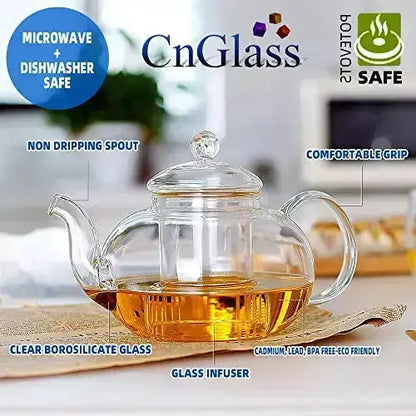 CnGlass Glass Teapot with Infuser, Stovetop Safe, 33.8 oz - Clear