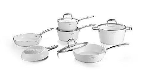 Cook Code Swan 10-Piece Ceramic Nonstick Cookware Set with Glass Lids - White cook code