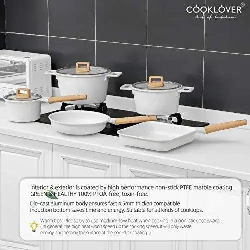 COOKLOVER Non-Stick Cookware 15-PC Set w/ Cooking Utensil Pack - White