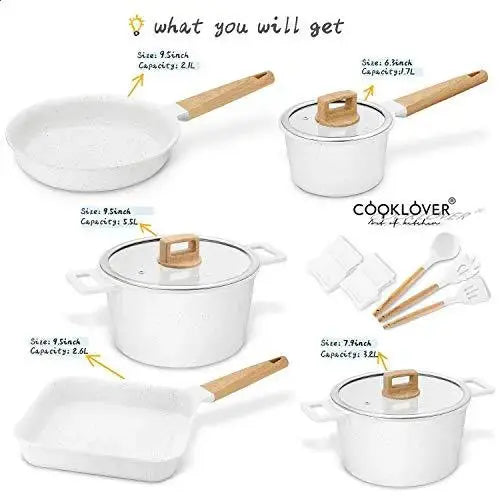 COOKLOVER Non-Stick Cookware 15-PC Set w/ Cooking Utensil Pack - White