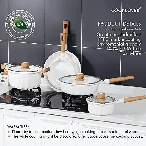 COOKLOVER Cookware Set Nonstick 100% PFOA Free Induction Pots and Pans Set with Cooking Utensil 13 Piece - White