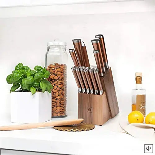 Styled Settings White Stainless Steel Knife Set with Walnut Block with  Sharpener 