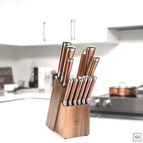 Copper Knife Set with Block - 14 PC Self Sharpening Knife Block Set - Rose  Gold Knife Set & Black Knife Block with Sharpener - Copper Kitchen