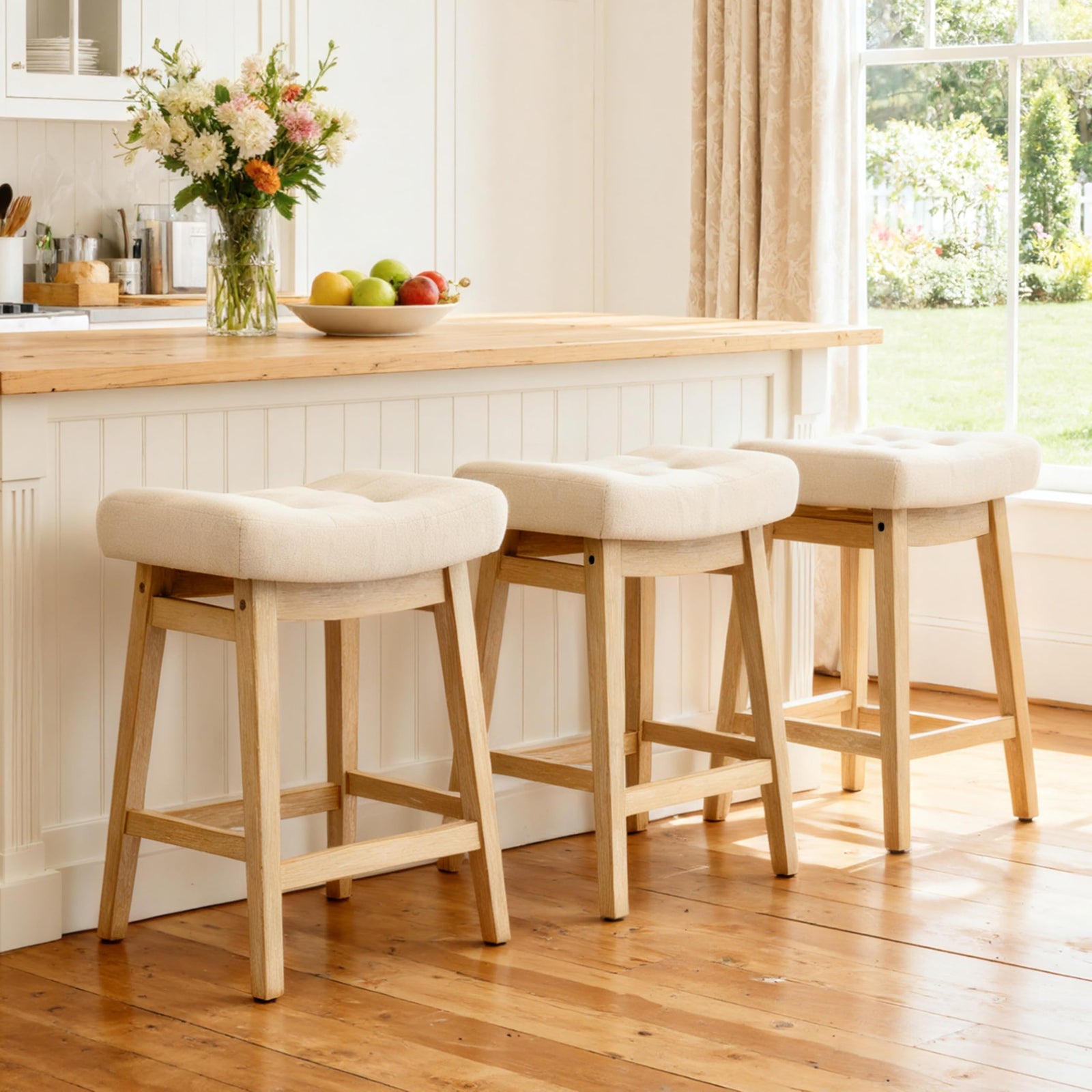 Counter Height Bar Stools Set of 3 for Kitchen Counter, Backless Farmhouse Island Short Barstools No Back with Padded Fabric Saddle Seat & Solid Wood Legs Modern 24 inch Counter Top Bar Chairs, Khaki 