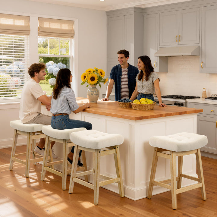 Counter Height Bar Stools Set of 3 for Kitchen Counter, Backless Farmhouse Island Short Barstools No Back with Padded Fabric Saddle Seat &amp; Solid Wood Legs Modern 24 inch Counter Top Bar Chairs, Khaki 