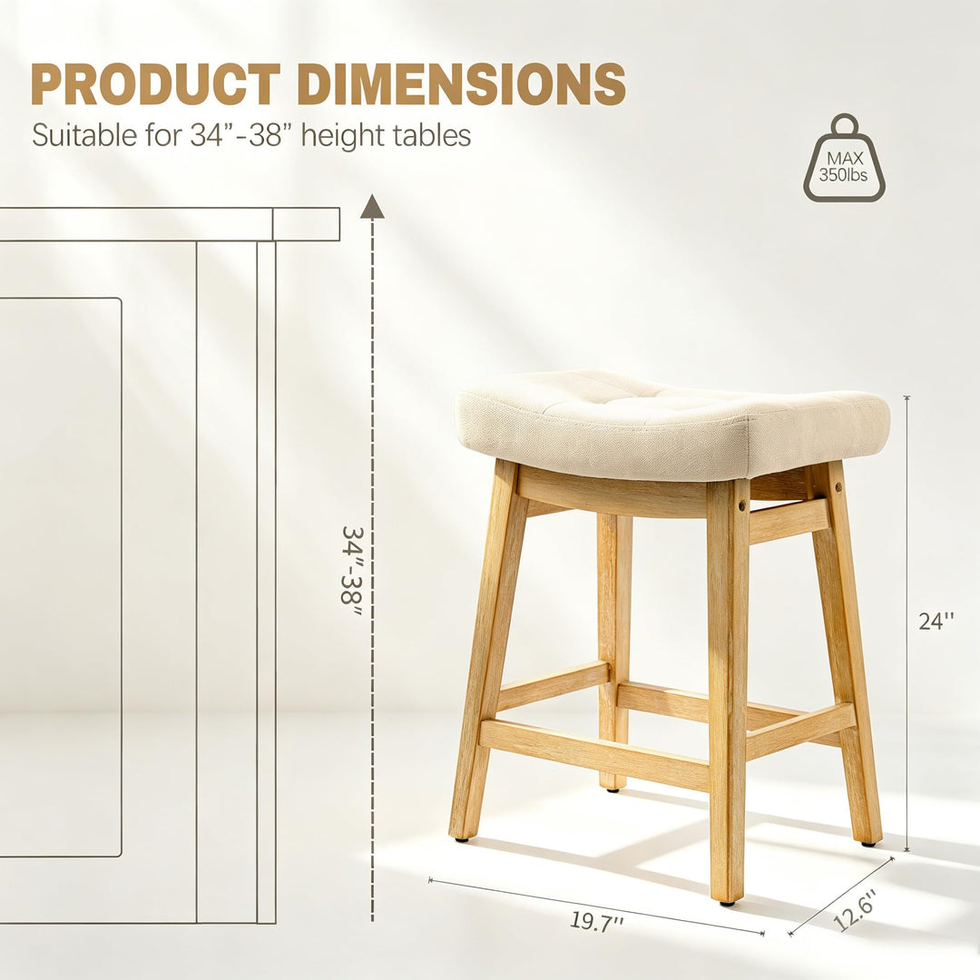 Counter Height Bar Stools Set of 3 for Kitchen Counter, Backless Farmhouse Island Short Barstools No Back with Padded Fabric Saddle Seat &amp; Solid Wood Legs Modern 24 inch Counter Top Bar Chairs, Khaki 
