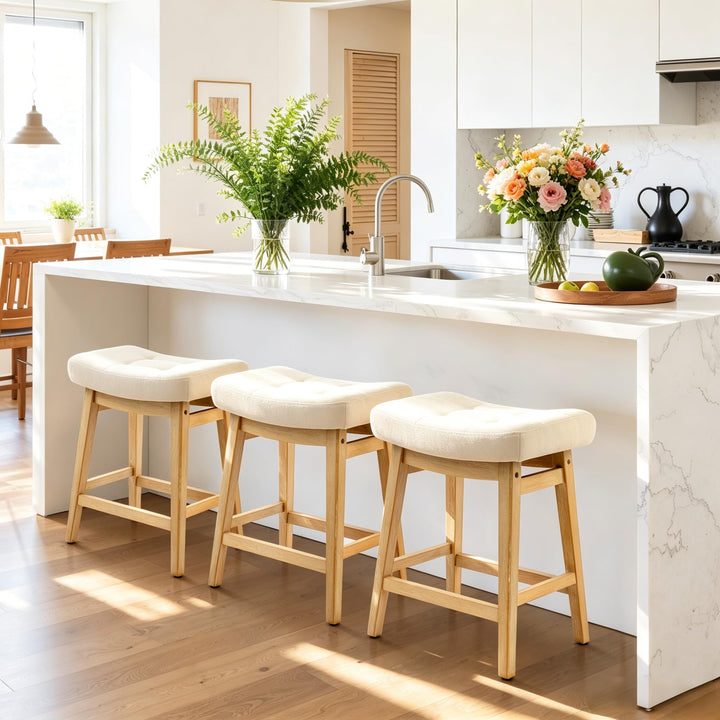 Counter Height Bar Stools Set of 3 for Kitchen Counter, Backless Farmhouse Island Short Barstools No Back with Padded Fabric Saddle Seat &amp; Solid Wood Legs Modern 24 inch Counter Top Bar Chairs, Khaki 