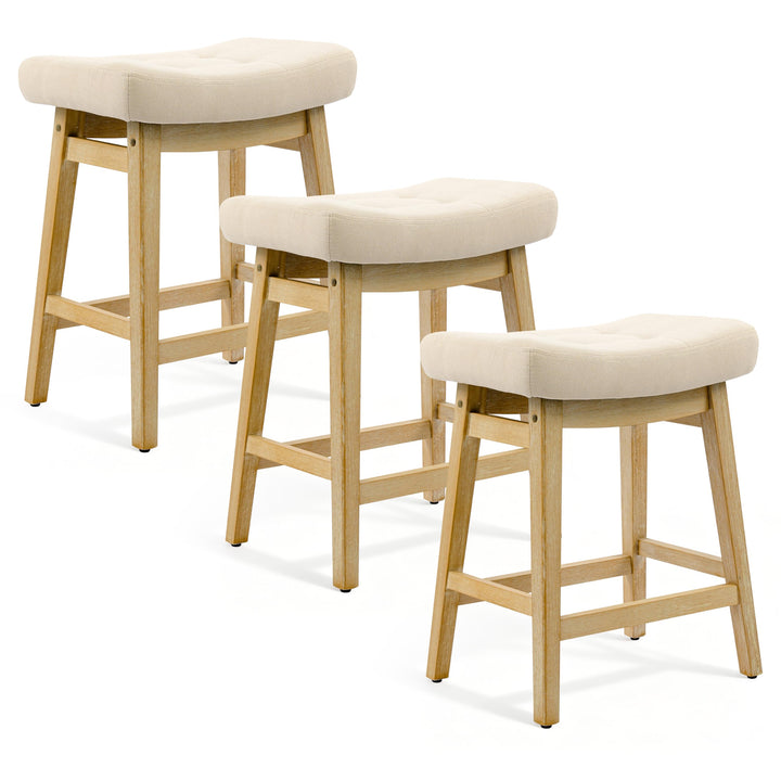 Counter Height Bar Stools Set of 3 for Kitchen Counter, Backless Farmhouse Island Short Barstools No Back with Padded Fabric Saddle Seat &amp; Solid Wood Legs Modern 24 inch Counter Top Bar Chairs, Khaki 