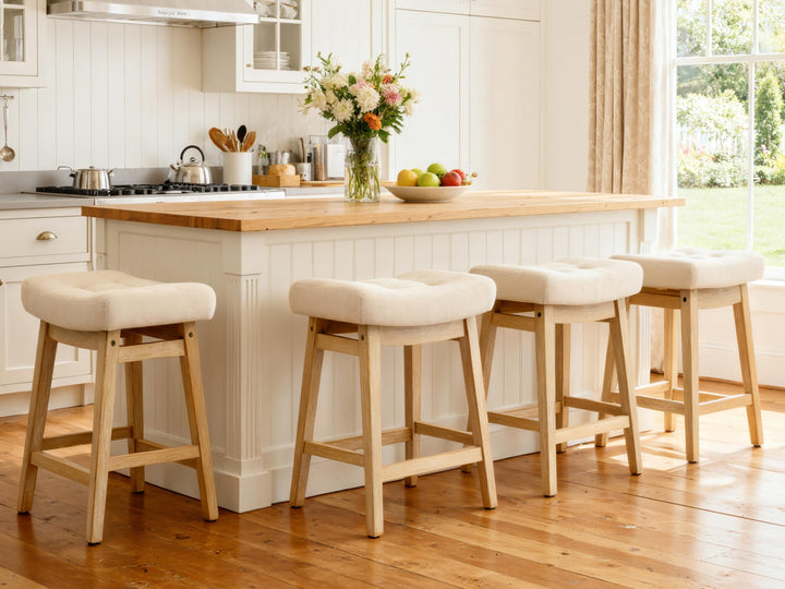 Counter Height Bar Stools Set of 3 for Kitchen Counter, Backless Farmhouse Island Short Barstools No Back with Padded Fabric Saddle Seat &amp; Solid Wood Legs Modern 24 inch Counter Top Bar Chairs, Khaki 