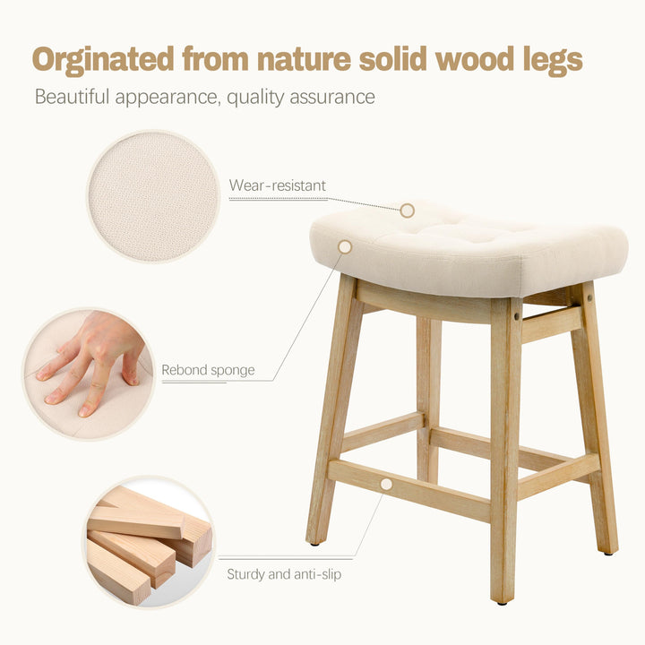 Counter Height Bar Stools Set of 3 for Kitchen Counter, Backless Farmhouse Island Short Barstools No Back with Padded Fabric Saddle Seat &amp; Solid Wood Legs Modern 24 inch Counter Top Bar Chairs, Khaki 