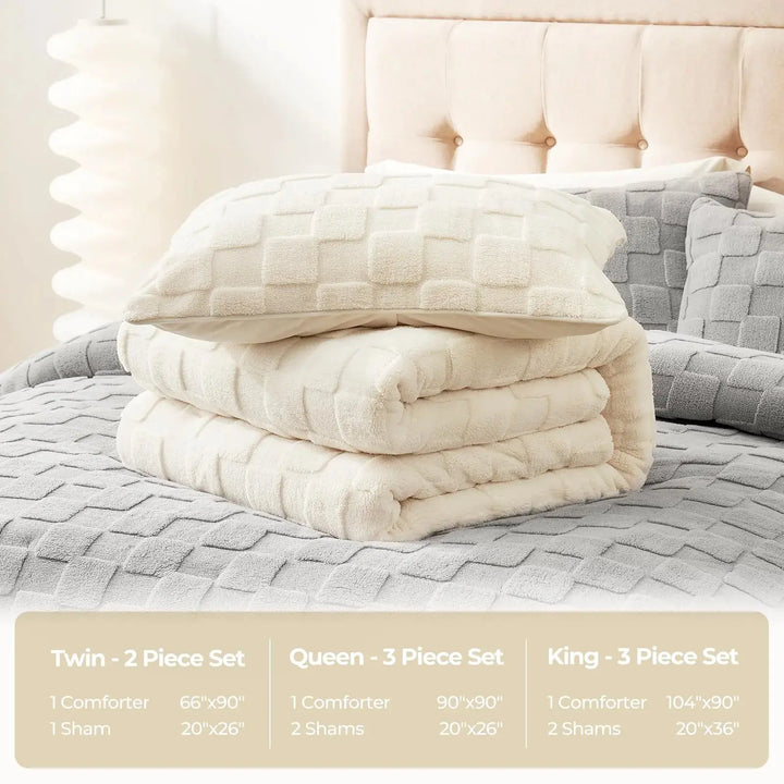 Cozy Bliss Fluffy Queen Size Comforter Set Ivory, Farmhouse Jacquard Checkered Sherpa Bed Set, Ultra Soft Thick Bedding Set for Winter, 3 Pieces, 1 Fuzzy Comforter & 2 Pillow Shams 