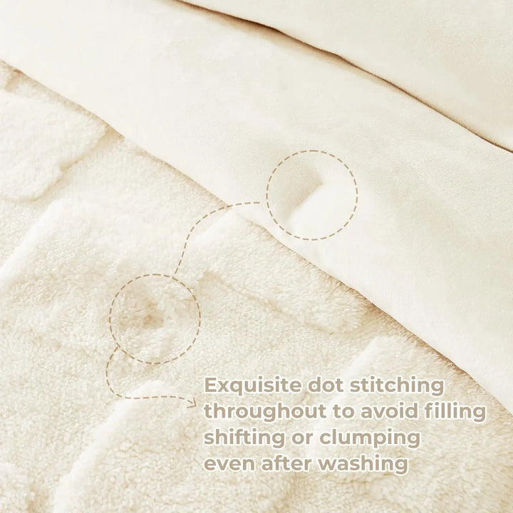 Cozy Bliss Fluffy Queen Size Comforter Set Ivory, Farmhouse Jacquard Checkered Sherpa Bed Set, Ultra Soft Thick Bedding Set for Winter, 3 Pieces, 1 Fuzzy Comforter & 2 Pillow Shams 