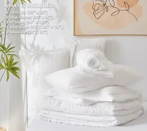 CozyLux Queen Bed in a Bag White Seersucker Comforter Set with Sheets 7-Pieces All Season Bedding Sets with Comforter, Pillow Sham, Flat Sheet, Fitted Sheet and Pillowcase 