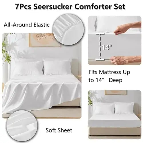 CozyLux Queen Bed in a Bag White Seersucker Comforter Set with Sheets 7-Pieces All Season Bedding Sets with Comforter, Pillow Sham, Flat Sheet, Fitted Sheet and Pillowcase 