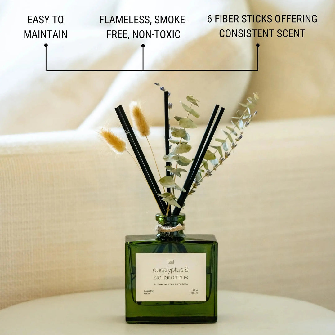 Craft & Kin Reed Diffuser Set with Dried Flowers, 5 oz Eucalyptus & Sicilian Citrus Scented Reed Diffuser with Sticks, Scented Sticks Diffuser, Elegant Home Decor & Office Decor 