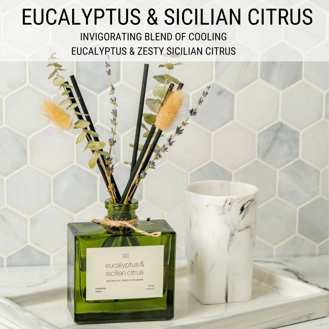 Craft & Kin Reed Diffuser Set with Dried Flowers, 5 oz Eucalyptus & Sicilian Citrus Scented Reed Diffuser with Sticks, Scented Sticks Diffuser, Elegant Home Decor & Office Decor 