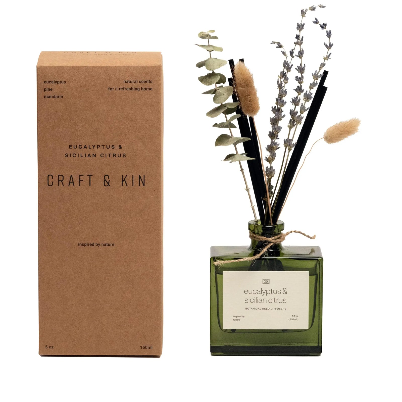 Craft & Kin Reed Diffuser Set with Dried Flowers, 5 oz Eucalyptus & Sicilian Citrus Scented Reed Diffuser with Sticks, Scented Sticks Diffuser, Elegant Home Decor & Office Decor 