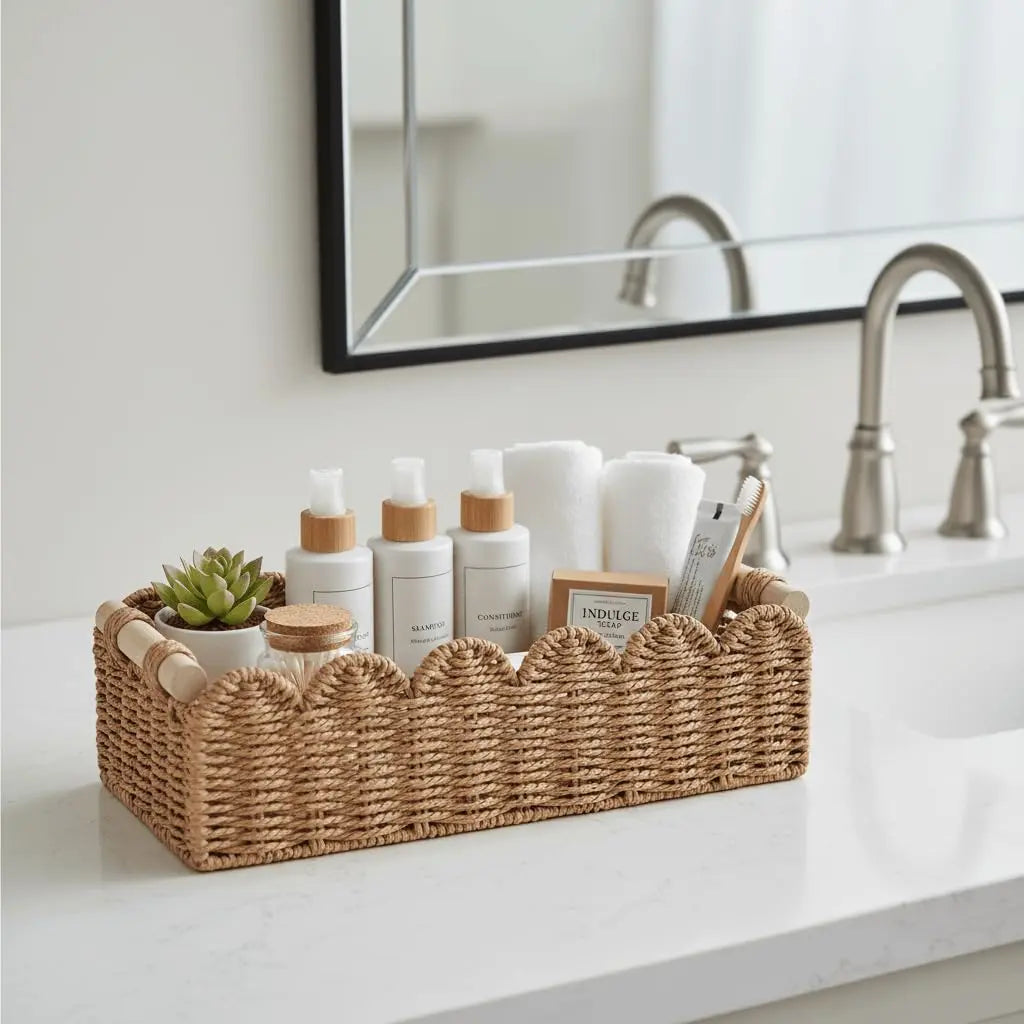 CubesLand Scalloped Toilet Paper Storage Basket W/Handle for Home Decor 
