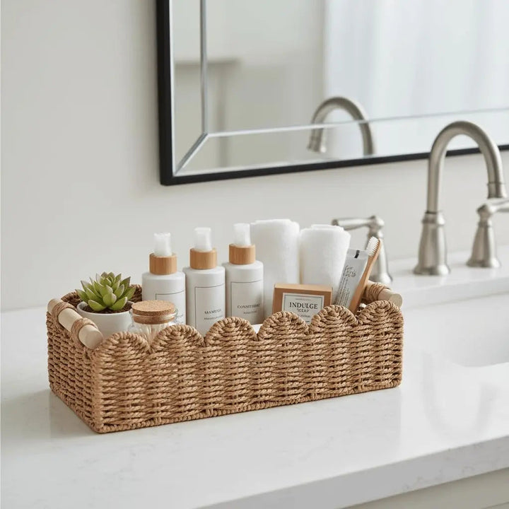 CubesLand Scalloped Toilet Paper Storage Basket W/Handle for Home Decor 
