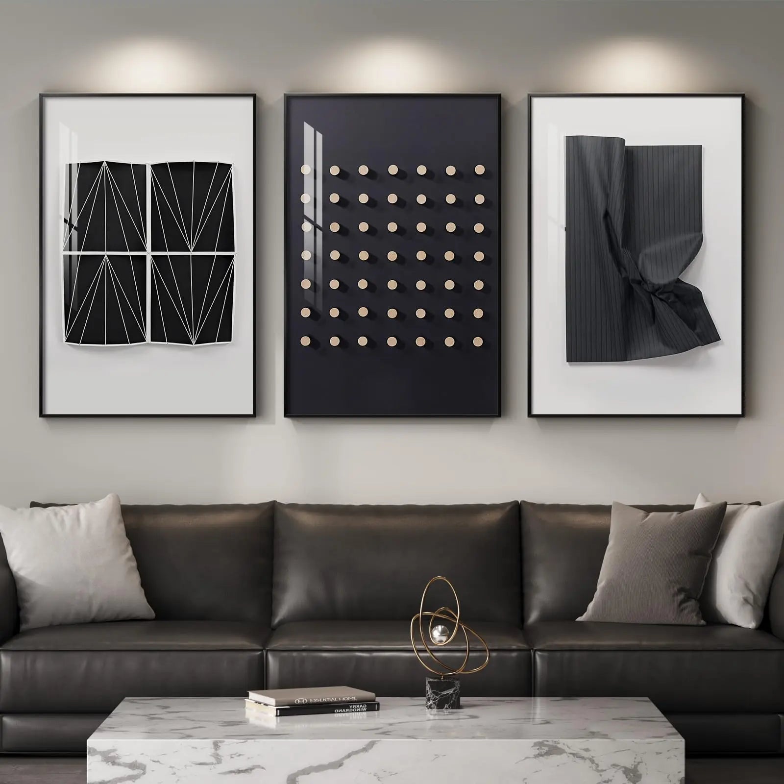 Large Framed Modern Elegant Black and White Abstract Wall Art for Living Room, 3 Piece Contemporary Prints Paintings, Big Size Geometric Pictures for Bedroom Entryway Home Office Wall Decor 24x36 In 