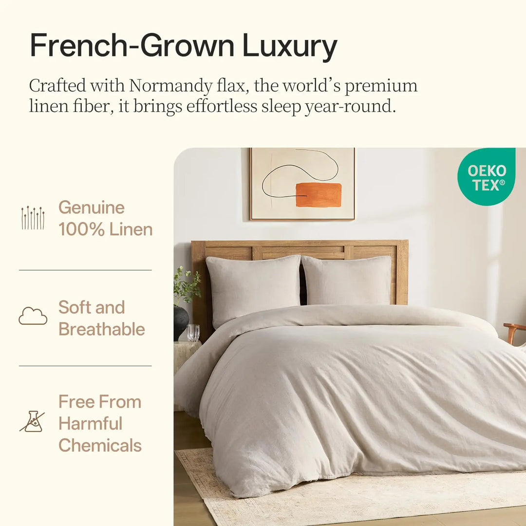 DAPU 100% French Linen Duvet Cover 3Pcs Set, 170GSM Linen Bedding, King