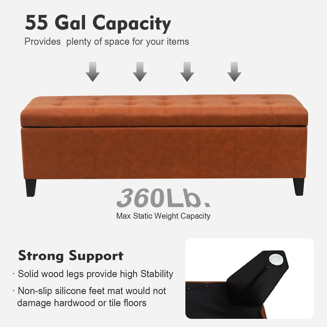 DECO DE VILLE 51 Inch Faux Leather Upholstered Ottoman with Storage 